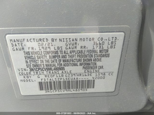 3N1CP5CV9ML480905 Nissan Kicks Sv Xtronic Cvt
