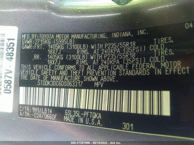 2013 TOYOTA SIENNA XLE 7 PASSENGER VIN: 5TDDK3DC6DS063317