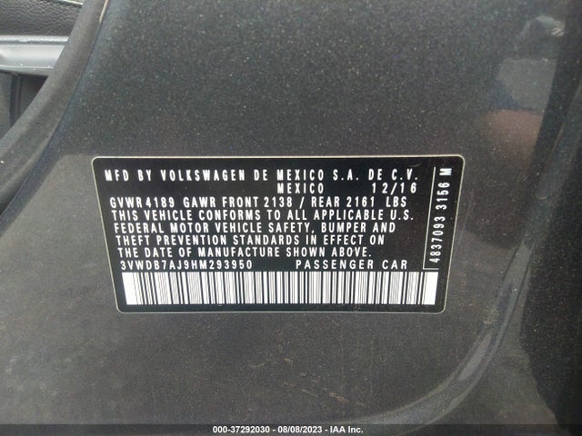 2017 VOLKSWAGEN JETTA 1.4T SE VIN: 3VWDB7AJ9HM293950