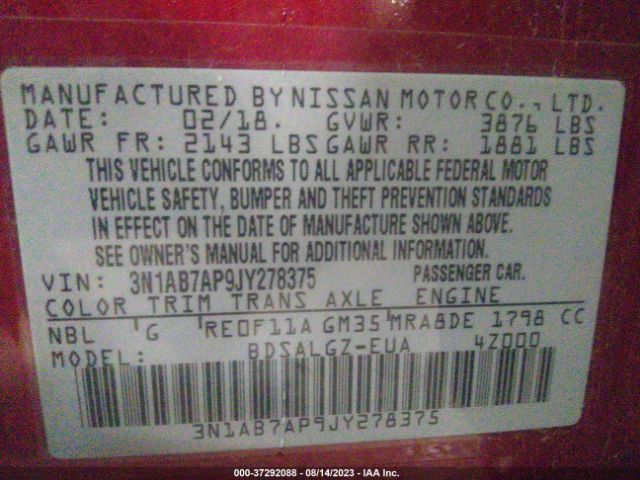 3N1AB7AP9JY278375 Nissan SENTRA SL