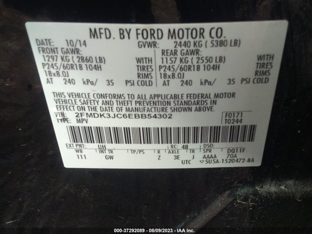 2014 FORD EDGE SEL VIN: 2FMDK3JC6EBB54302