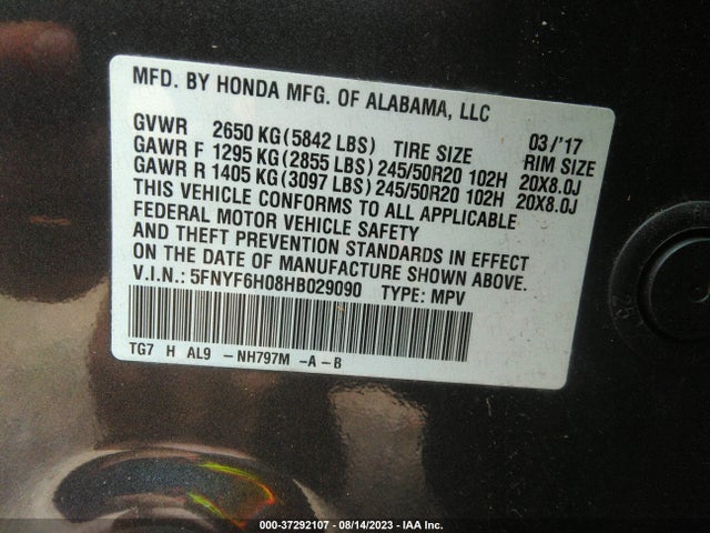 Honda Pilot Elite 2017 5FNYF6H08HB029090 Image 9