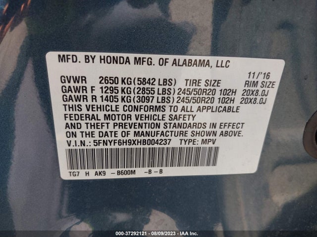 Honda Pilot Touring 2017 5FNYF6H9XHB004237 Image 9