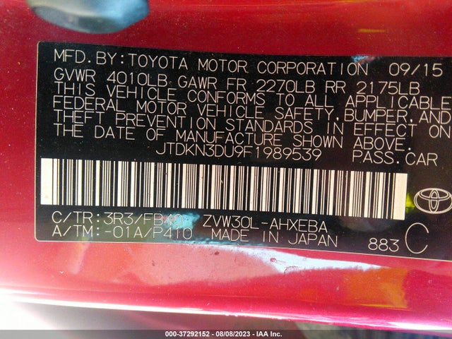 37292152 :رقم المزاد ، JTDKN3DU9F1989539 vin ، 2015 Toyota Prius Four مزاد بيع