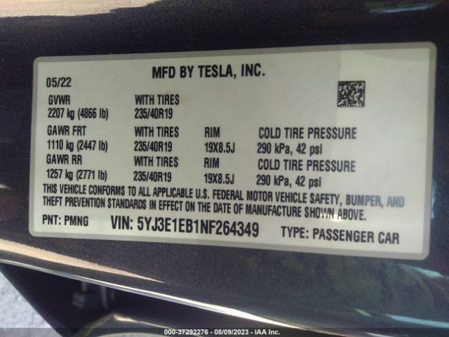5YJ3E1EB1NF264349 Tesla Model 3 Long Range