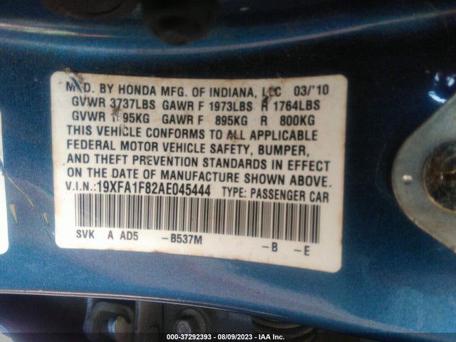 2010 HONDA CIVIC SDN EX VIN: 19XFA1F82AE045444