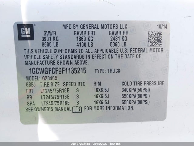 Chevrolet EXPRESS CARGO VAN 2015 1GCWGFCF9F1135215 Image 9