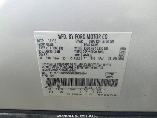 Ford EXPLORER XLT 2016 1FM5K8D80GGB62464 Image 9