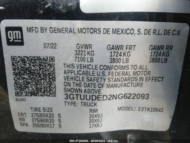 3GTUUDED2NG622093 GMC Sierra 1500 Slt