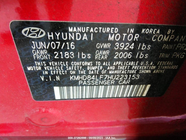 2017 HYUNDAI ELANTRA SE VIN: KMHD84LF7HU223153