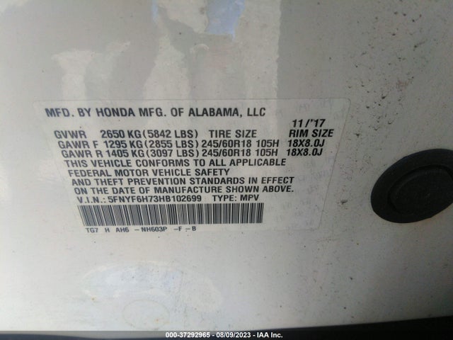 Honda Pilot Ex-l 2017 5FNYF6H73HB102699 Image 9