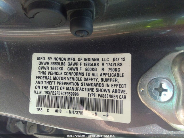 2012 HONDA CIVIC LX VIN: 19XFB2F57CE059996