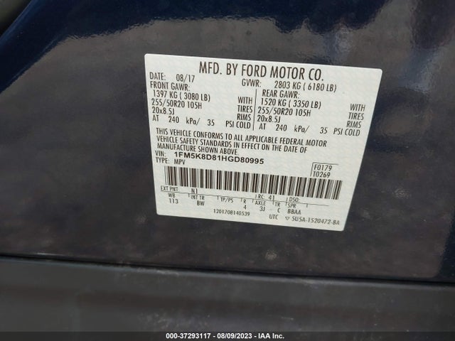 2017 FORD EXPLORER XLT VIN: 1FM5K8D81HGD80995