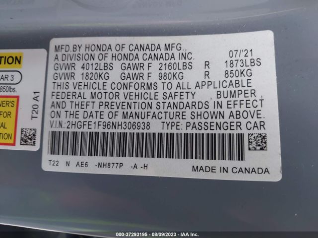 2HGFE1F96NH306938 Honda Civic Sedan Touring