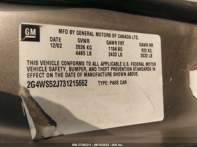 2003 BUICK CENTURY CUSTOM VIN: 2G4WS52J731215662