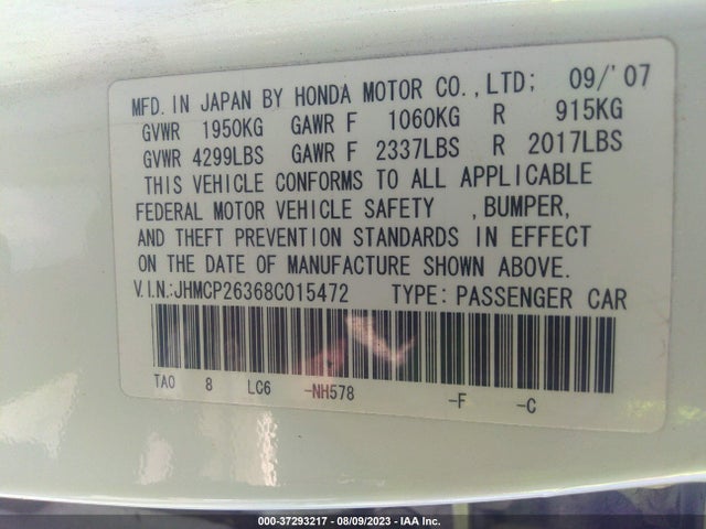 2008 HONDA ACCORD SDN LX VIN: JHMCP26368C015472