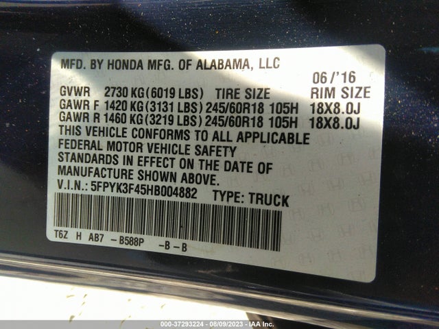 2017 HONDA RIDGELINE RTS VIN: 5FPYK3F45HB004882
