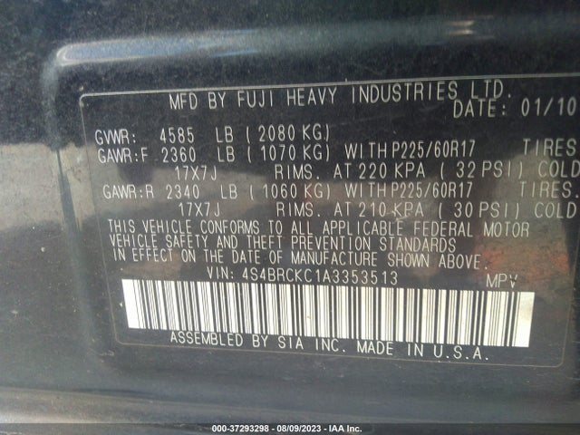 2010 SUBARU OUTBACK LTD PWR MOON VIN: 4S4BRCKC1A3353513