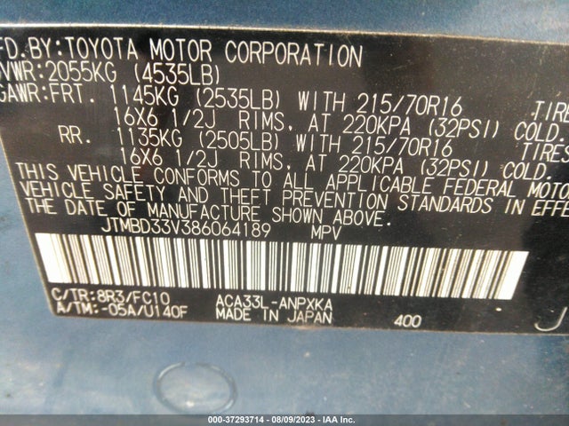 2008 TOYOTA RAV4 VIN: JTMBD33V386064189