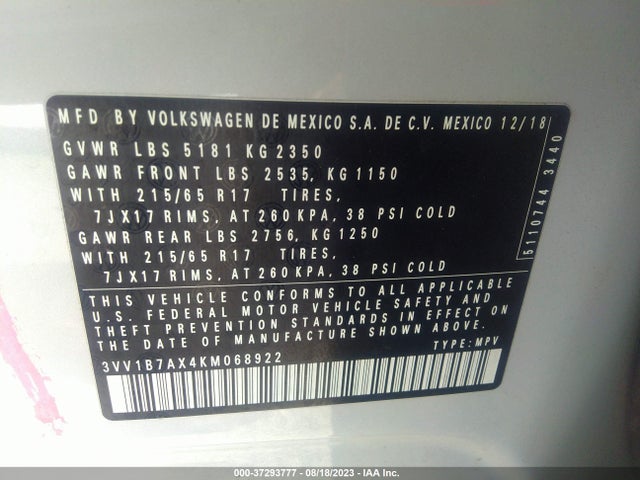3VV1B7AX4KM068922 Volkswagen TIGUAN S