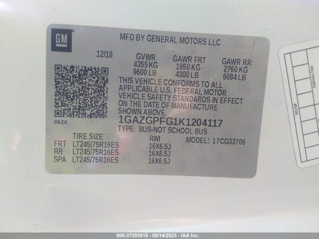 Chevrolet Express Passenger Lt 2019 1GAZGPFG1K1204117 Image 9