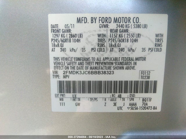 2011 FORD EDGE SEL VIN: 2FMDK3JC6BBB38323