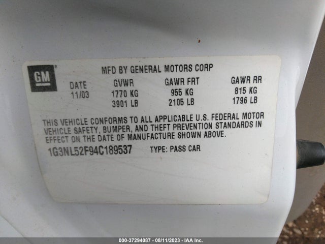 2004 OLDSMOBILE ALERO GL1 VIN: 1G3NL52F94C189537
