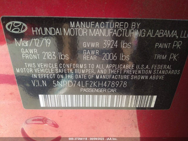 Hyundai ELANTRA SE 2019 5NPD74LF2KH478978 Image 9