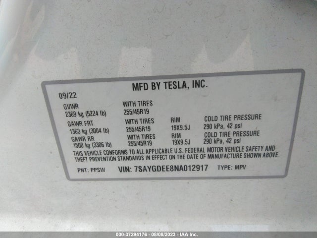 Tesla Model Y Long Range 2022 7SAYGDEE8NA012917 Image 9