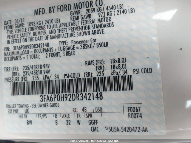 2013 FORD FUSION SE VIN: 3FA6P0H92DR342148