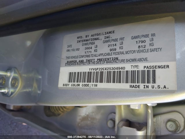 2002 MAZDA 626 LX VIN: 1YVGF22CX25304940