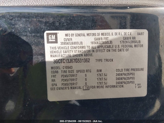 2007 CHEVROLET SILVERADO 1500 LT W/1LT VIN: 3GCEC13J67G531362