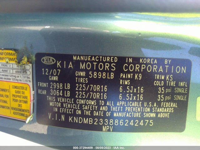 2008 KIA SEDONA LX VIN: KNDMB233886242475