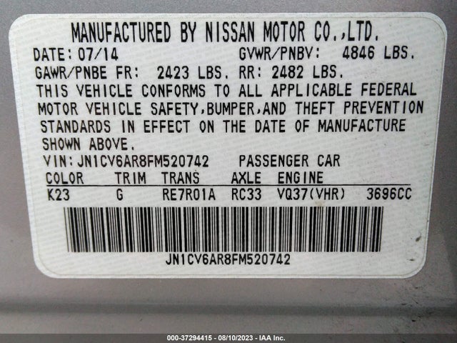 JN1CV6AR8FM520742 Infiniti Q40