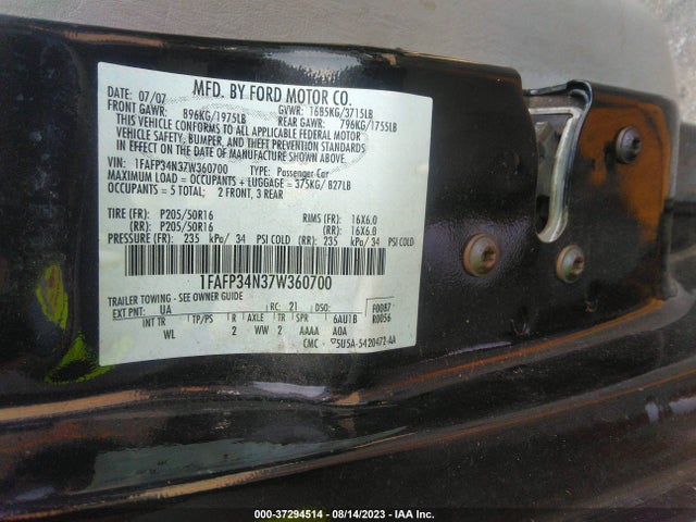 2007 FORD FOCUS S/SE/SES VIN: 1FAFP34N37W360700