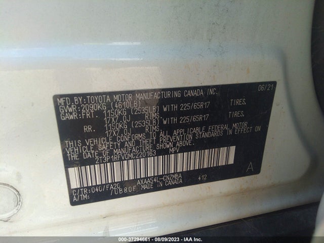 2021 TOYOTA RAV4 XLE VIN: 2T3P1RFV0MC220163