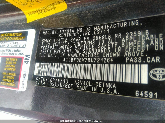 2011 TOYOTA CAMRY VIN: 4T1BF3EK7BU721264