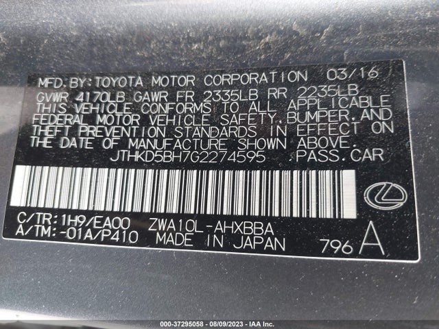 JTHKD5BH7G2274595 Lexus Ct 200h Hybrid