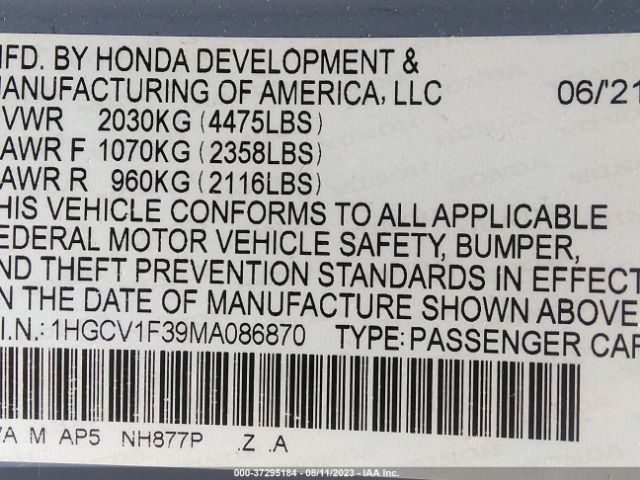 2021 HONDA ACCORD SEDAN 1HGCV1F39MA086870 Photo 8