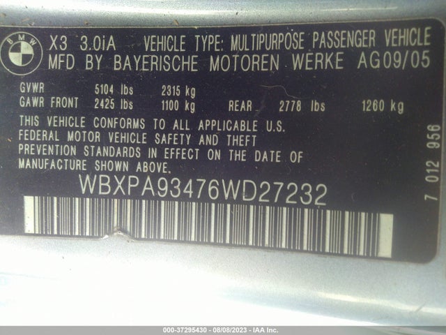 2006 BMW X3 3.0I VIN: WBXPA93476WD27232