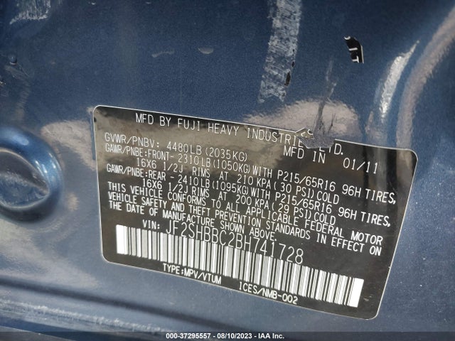 2011 SUBARU FORESTER 2.5X VIN: JF2SHBBC2BH741728