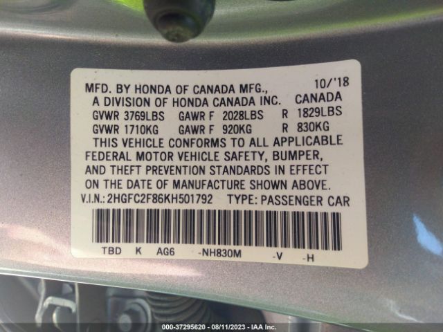 2HGFC2F86KH501792 Honda Civic Sedan Sport