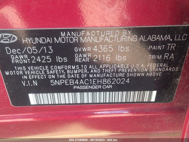 2014 HYUNDAI SONATA GLS VIN: 5NPEB4AC1EH862024