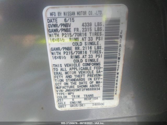 JN8AS5MT2FW666934 Nissan Rogue Select S