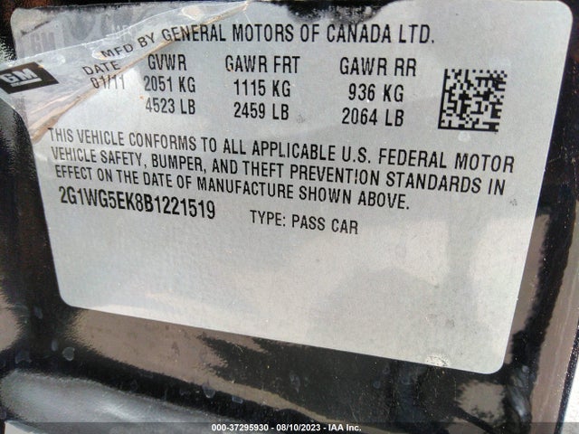 2011 CHEVROLET IMPALA LT FLEET VIN: 2G1WG5EK8B1221519
