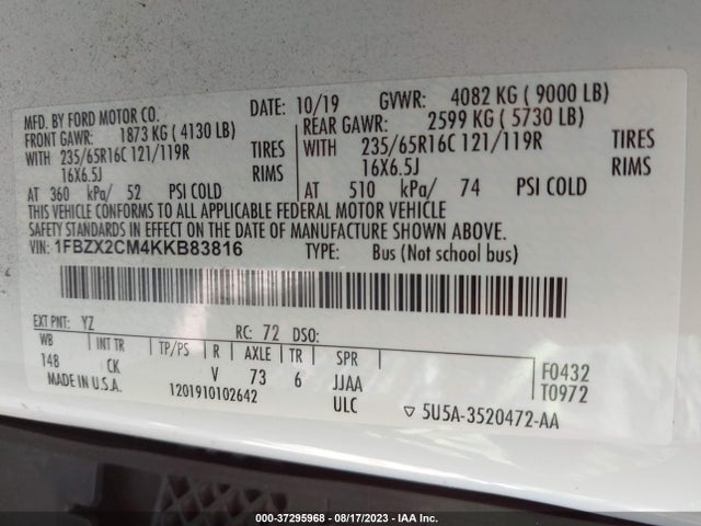 Ford Transit Passenger Wagon Xlt 2019 1FBZX2CM4KKB83816 Image 9