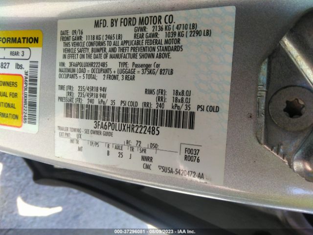 3FA6P0LUXHR222485 Ford Fusion Hybrid Se