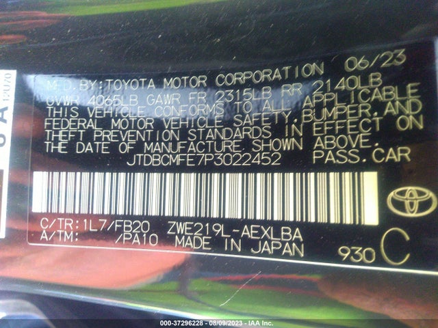 2023 TOYOTA COROLLA HYBRID LE VIN: JTDBCMFE7P3022452