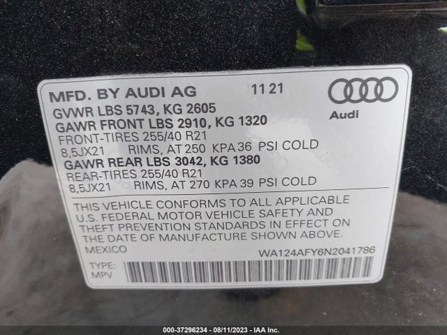 2022 AUDI SQ5 SPORTBACK PREMIUM PLUS TFSI QUATTRO TIPTRONIC VIN: WA124AFY6N2041786