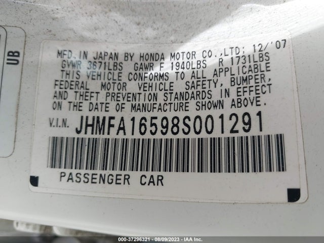 2008 HONDA CIVIC SDN LX VIN: JHMFA16598S001291